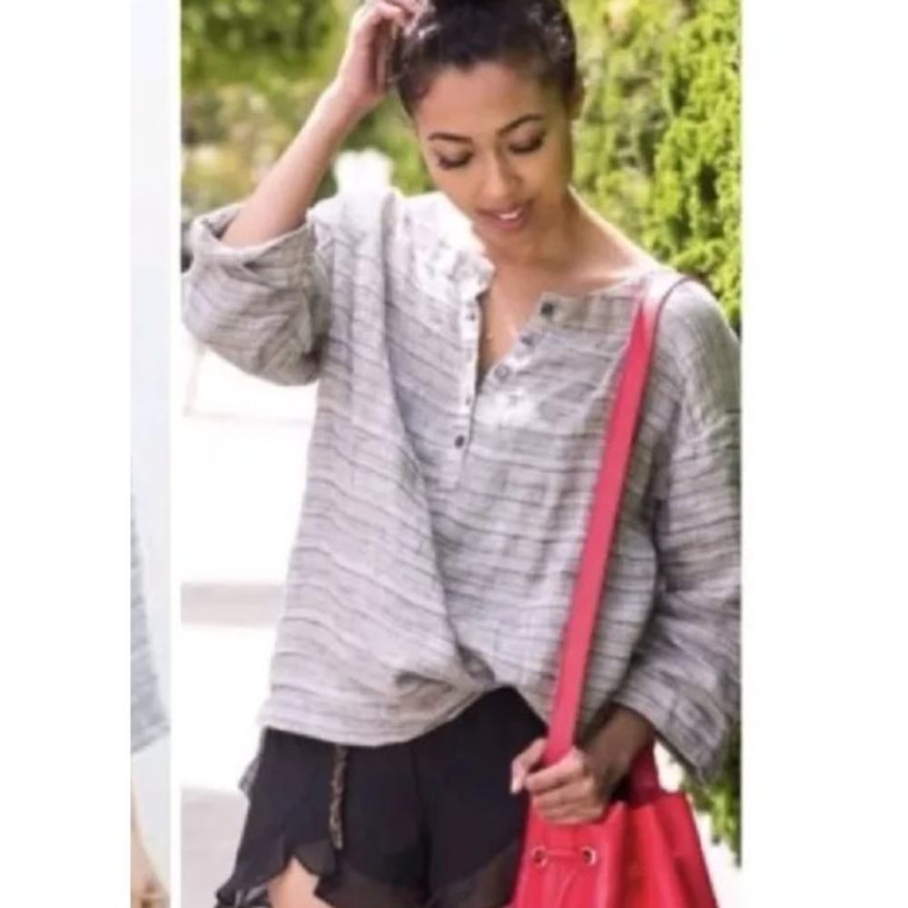 J. Jill Women's Oversized Linen Striped Top Size XS Black White Lagenlook Boxy